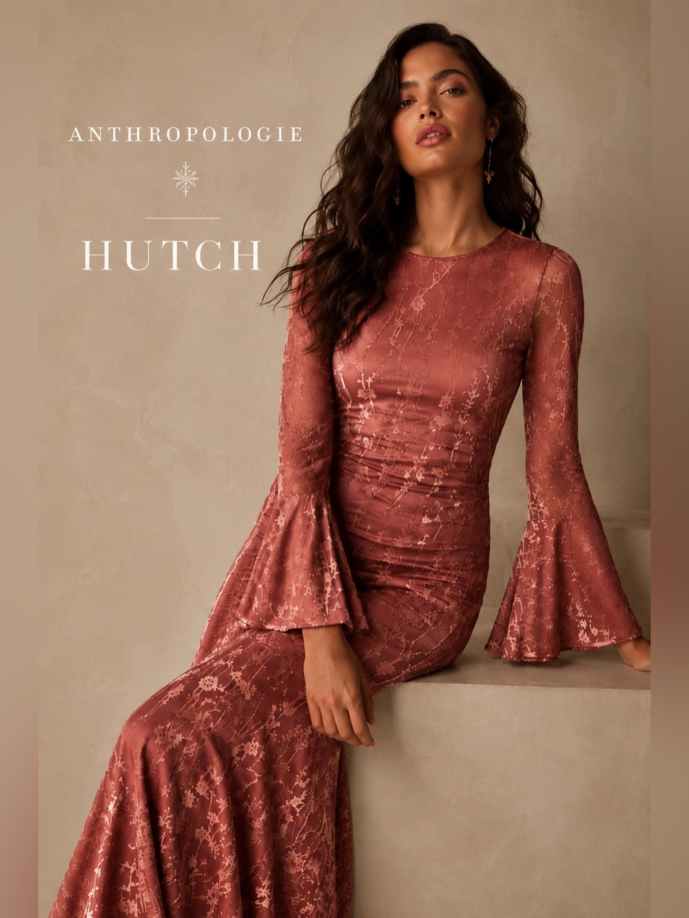 Anthropologie Hutch Velvet Burnout Slim Midi Dress L Mauve Floral Wedding B8